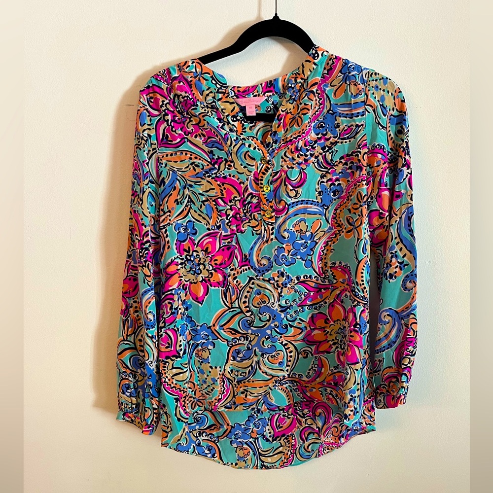 Lilly Pulitzer 100% Silk Alexandra Shirt Long Sleeve - Aqua Bait and Swirl - XS